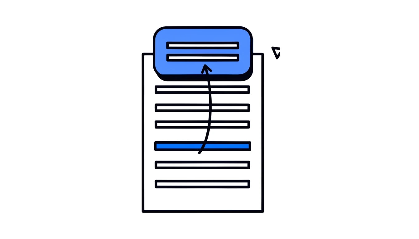 Illustratie van een tekstpagina waarvan één blauw gemarkeerde alinea omhoog wordt getild naar een antwoordvenster erboven.
